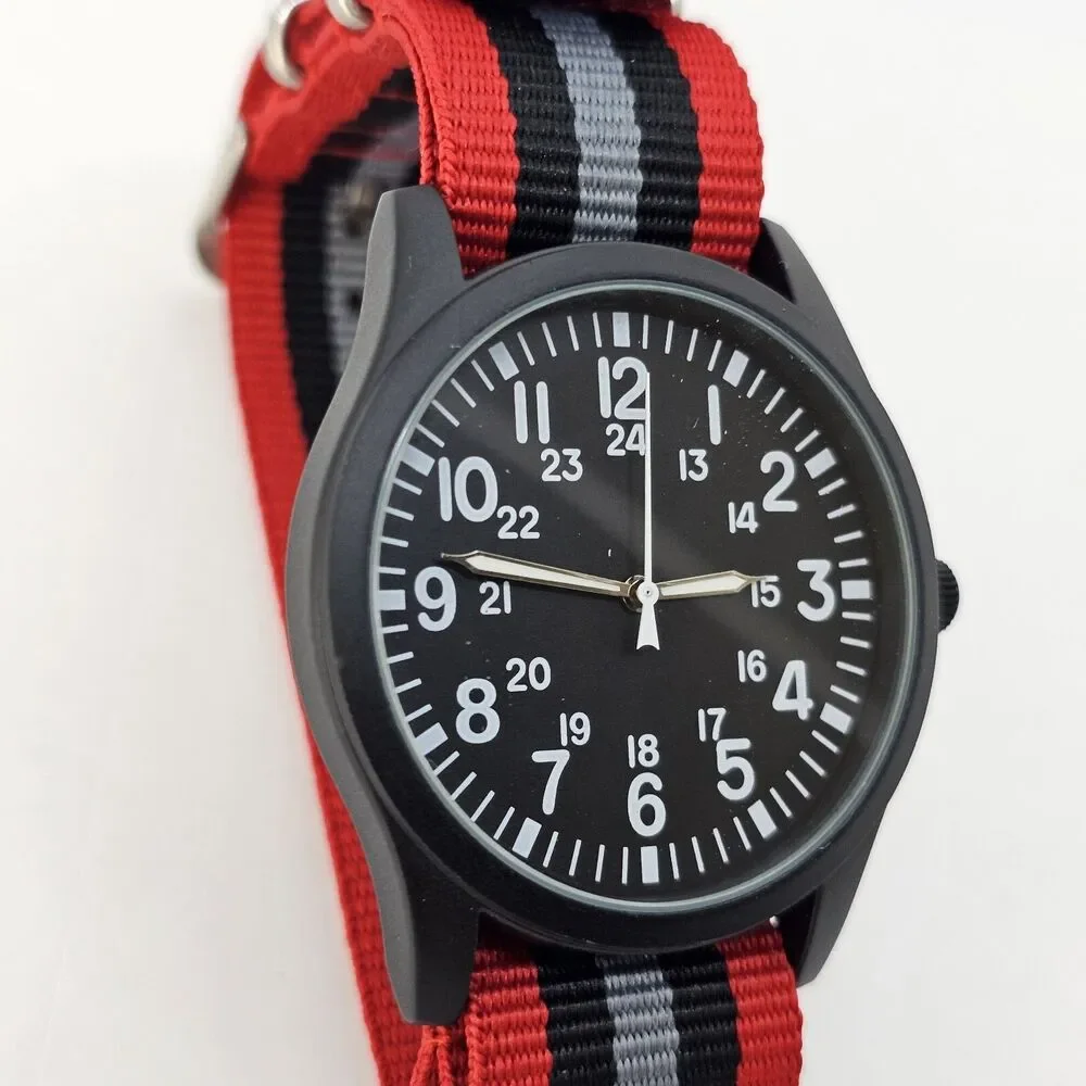 Field Men's Watch 42MM Black Case Black‎ Dial Red Black Gray Canvas Band Strap